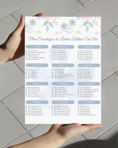 Plan cronológico de lectura de la Biblia con motivos florales celestes, ideal para imprimir y llevar dentro de la Biblia.