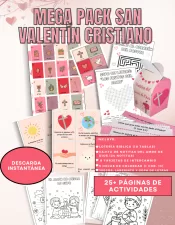 Banner de bundle cristiano: incluye lotería bíblica, cajita de promesas, hojas de colorear y juegos para niños en tonos rosa y estilo boho moderno.
