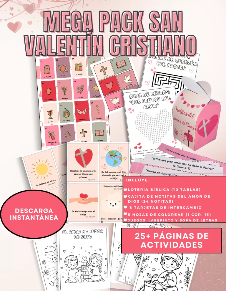 Banner de bundle cristiano: incluye lotería bíblica, cajita de promesas, hojas de colorear y juegos para niños en tonos rosa y estilo boho moderno.