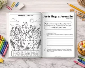 Libro de actividades sobre la Entrada Triunfal de Jesús a Jerusalén con dibujo para colorear, versículo de Mateo 21:9 y trazo de letras.