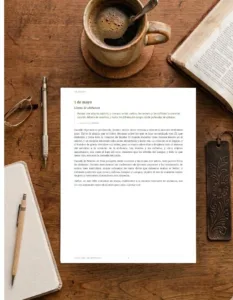 Hoja de devocional cristiano sobre mesa de madera con café, biblia abierta y libreta. Estilo cálido y minimalista para estudio bíblico diario.