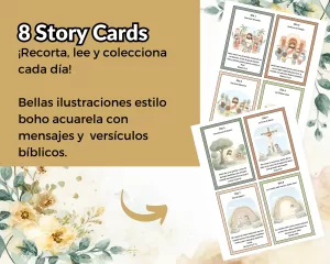 Ocho tarjetas de historia de Semana Santa a color. Ilustraciones de la pasión y resurrección de Jesús para niños. Ecos del Edén.