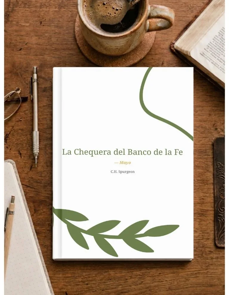 Hoja de devocional "1 de mayo" sobre mesa de madera con café, biblia abierta y pluma. Estilo cálido para meditación diaria.