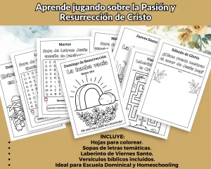 Muestra de sopas de letras del kit de Pascua sobre mesa de madera con plantas y café. Actividades bíblicas para niños imprimibles de Ecos del Edén.