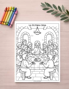 Ilustración infantil para colorear de Jesús con sus discípulos en la Última Cena. Actividad bíblica educativa de Ecos del Edén.