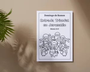 Páginas para colorear del kit de Pascua con escenas de Jesús, el burrito y la tumba vacía. Estilo lineal minimalista sobre mesa con lápices de colores.