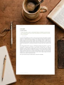 Libro devocional abierto en una mesa de madera junto a una taza de café, lentes y pluma. Ambiente acogedor para la meditación cristiana diaria.