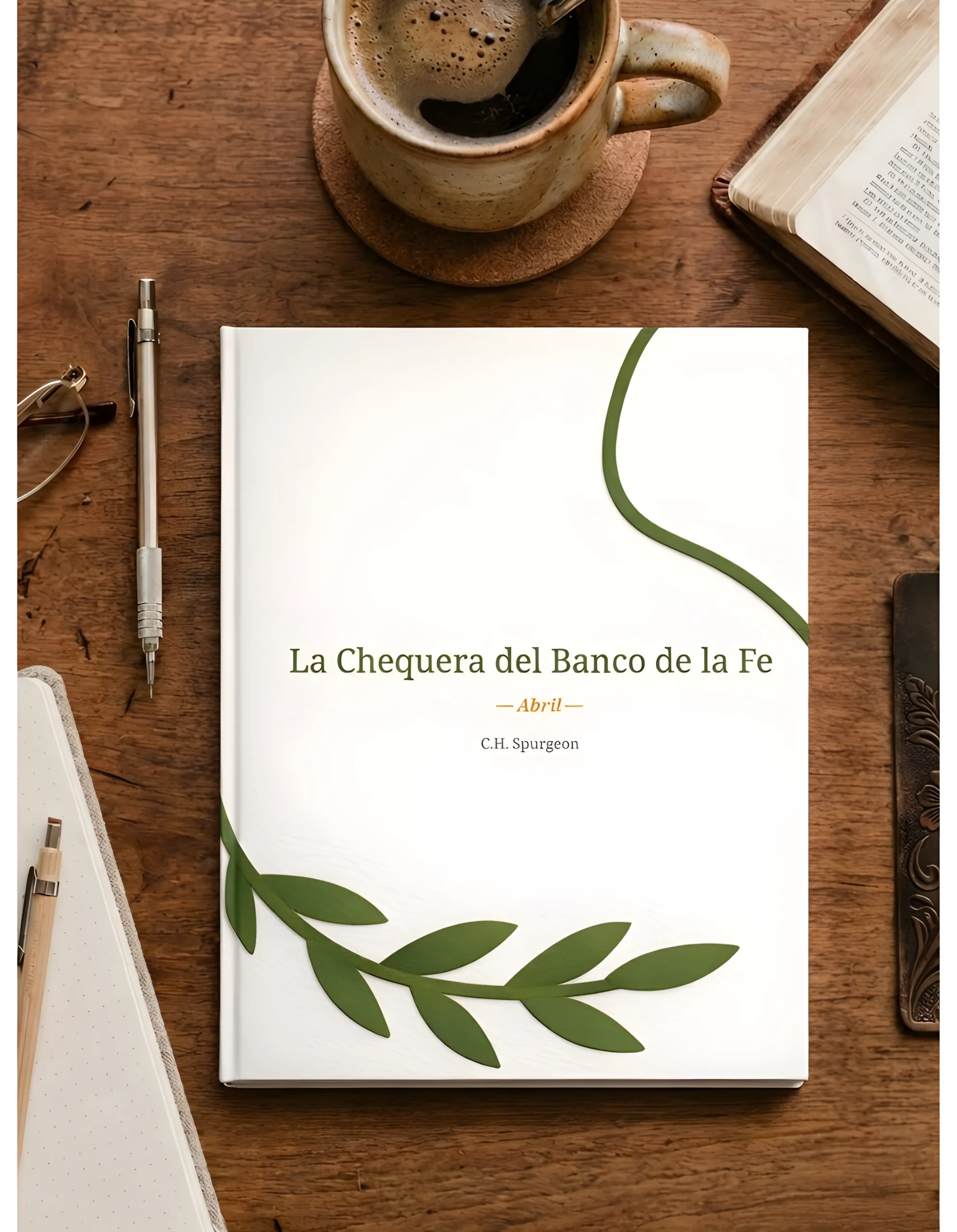 Flat-lay de escritorio de madera con el devocional de Spurgeon para abril en PDF, taza de café, Biblia abierta, anteojos y bolígrafo. Recursos cristianos.