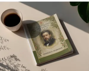 Libro impreso de C.H. Spurgeon sobre mesa beige con café. Portada blanca y verde oliva con diseño botánico minimalista de Ecos del Edén.