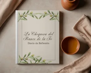 Portada del Diario de Reflexión "La Chequera de la Fe" con diseño de olivos, sobre mesa rústica con cuencos de barro y lino. Estética Ecos del Edén.