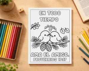 Hojas para colorear de Proverbios 17:17 con dos aves tiernas sobre una rama, texto en español y lápices de colores. Descarga digital para niños.