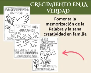 Muestra de 3 páginas para colorear de Proverbios (paz, luz y sabiduría) con estética minimalista y texto "Crecimiento en la Verdad". Imprimible PDF.