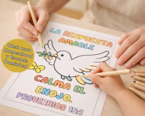 Manos de un niño coloreando el Proverbio 15:1 con una paloma de la paz. Estética minimalista, ideal para educación cristiana y memorización bíblica.