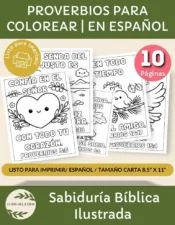 Banner de Ecos del Edén con 10 páginas de Proverbios para colorear. Incluye Proverbios 3:5, estilo minimalista, tamaño carta y texto en español.