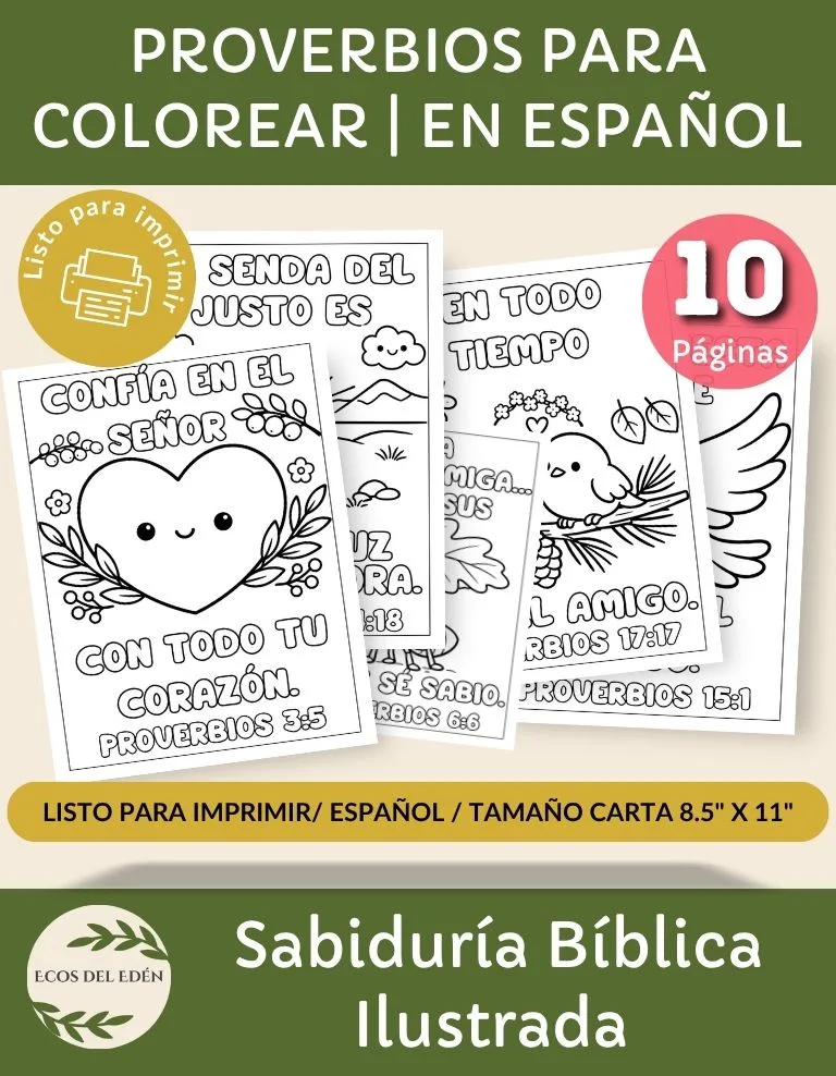 Banner de Ecos del Edén con 10 páginas de Proverbios para colorear. Incluye Proverbios 3:5, estilo minimalista, tamaño carta y texto en español.