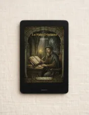 Libro digital La Vida Cristiana de Juan Calvino en ePub, mostrado en la pantalla de un lector Kindle sobre un fondo de tela de lino rústico.