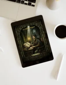 Ebook La Vida Cristiana de Juan Calvino en pantalla de iPad, sobre escritorio blanco junto a una taza de café y teclado.