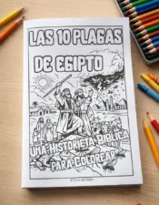 Mockup de la portada impresa del libro para colorear Las 10 Plagas de Egipto de Ecos del Edén sobre una mesa de madera con lápices de colores.