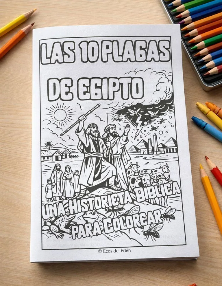 Mockup de la portada impresa del libro para colorear Las 10 Plagas de Egipto de Ecos del Edén sobre una mesa de madera con lápices de colores.