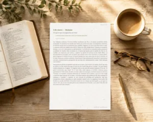 Página del devocional Mañana y Tarde de Spurgeon para el 1 de enero en PDF sobre mesa con Biblia, café y lentes.