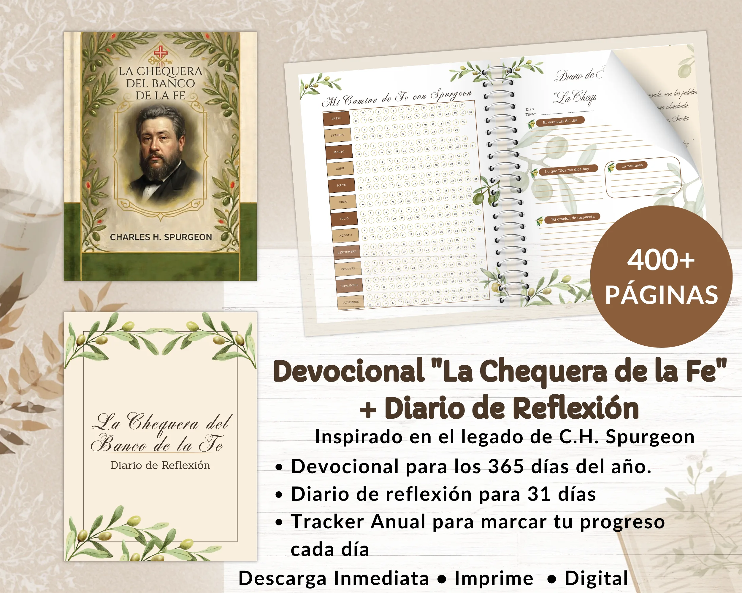Kit devocional Spurgeon en PDF con portada, diario de reflexión y tracker anual de 365 días en tonos tierra para homeschool cristiano.