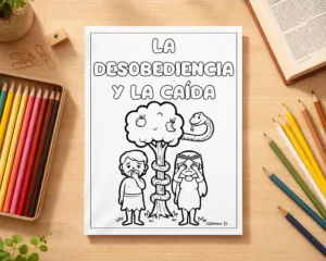 Lámina para colorear de Adán y Eva junto al árbol con la serpiente, titulada La desobediencia y la caída Génesis 3, rodeada de lápices de colores.
