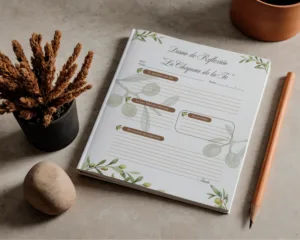 Diario de reflexión abierto con diseño botánico sobre mesa de piedra, junto a un lápiz, una planta seca y una piedra decorativa.