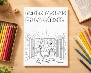 Hoja para colorear de Pablo y Silas cantando en la cárcel con cadenas rotas Hechos 16, sobre mesa de madera rodeada de lápices de colores.
