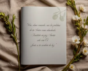 Página abierta de diario con caligrafía inspiradora sobre descanso espiritual, rodeada de ramas con flores blancas sobre lino.