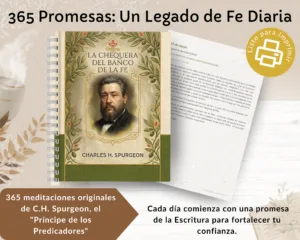 Mockup del devocional impreso La Chequera del Banco de la Fe de Charles Spurgeon, listo para imprimir con 365 meditaciones.