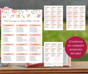 Plantillas del Plan Cronológico de Lectura Bíblica de 1 año con flores en acuarela e insignia que dice comienza en cualquier momento.