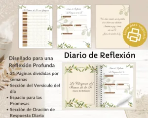 Páginas imprimibles y cuaderno del Diario de Reflexión La Chequera de la Fe de Spurgeon con secciones para versículo, promesas y oración.