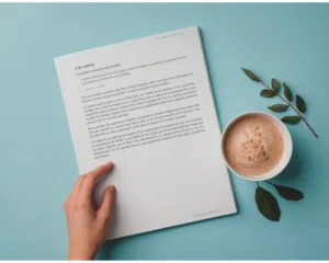 Mano señalando devocional abierto impreso sobre fondo azul junto a una taza de café y ramas verdes.