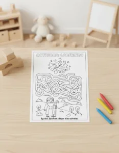 Hoja impresa con laberinto bíblico para colorear de Abraham y las estrellas, actividad infantil en PDF para homeschool cristiano y escuela dominical.