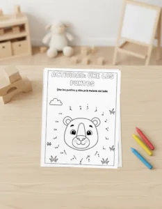 Hoja de actividad infantil une los puntos para dibujar la melena de un león, recurso bíblico en PDF para colorear en homeschool y escuela dominical.