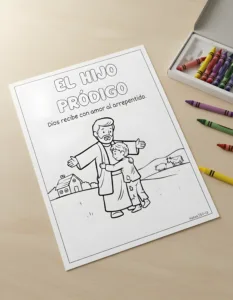 Hoja imprimible en PDF de la parábola del Hijo Pródigo para colorear con crayones sobre escritorio de madera.