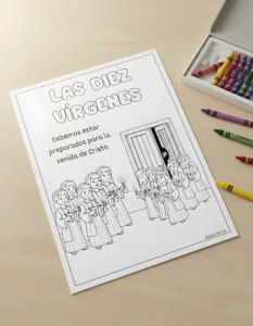 Hoja en PDF de la parábola de Las Diez Vírgenes para colorear con frase sobre la venida de Cristo y crayones.