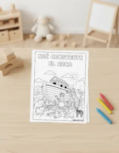 Hoja para colorear de Noé construyendo el arca con animales y cita de Génesis, dibujo infantil en PDF imprimible para homeschool y escuela dominical.