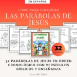 Portada de libro para colorear en PDF Las Parábolas de Jesús con 32 hojas imprimibles para niños y Escuela Dominical.