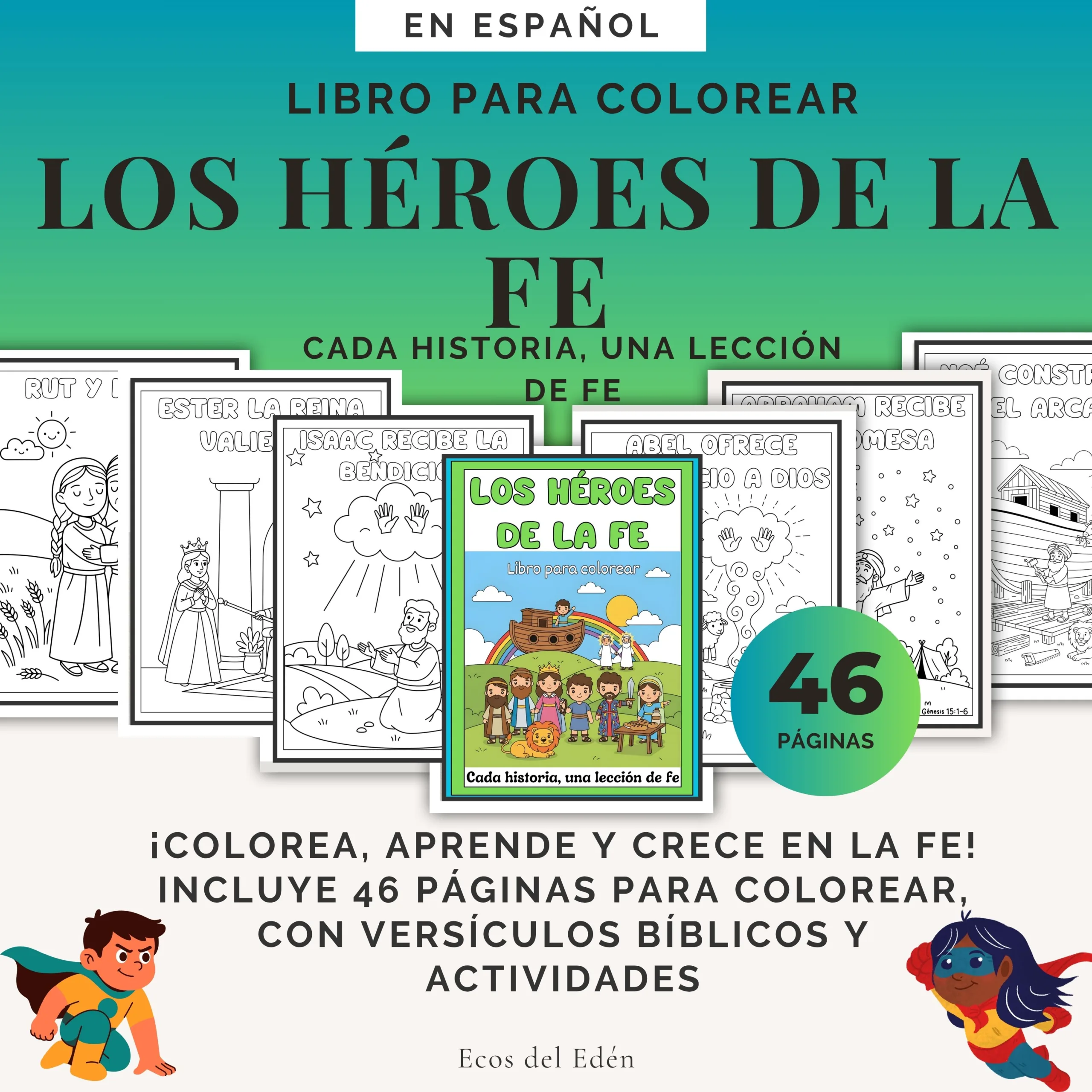Portada de libro bíblico para colorear Héroes de la Fe con 46 páginas de actividades e ilustraciones imprimibles en PDF para niños en español.