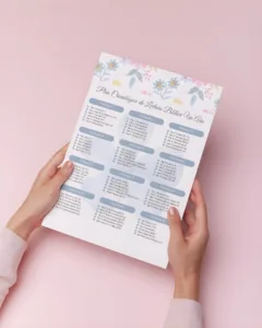 Manos sosteniendo hoja impresa de plan cronológico de lectura bíblica en PDF, diseño floral celeste sobre fondo rosa.