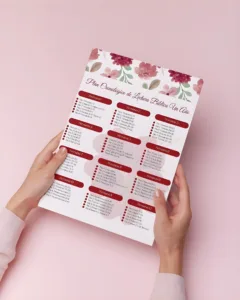 Manos sosteniendo hoja de plan cronológico de lectura bíblica en PDF con flores tono vino sobre fondo rosa.