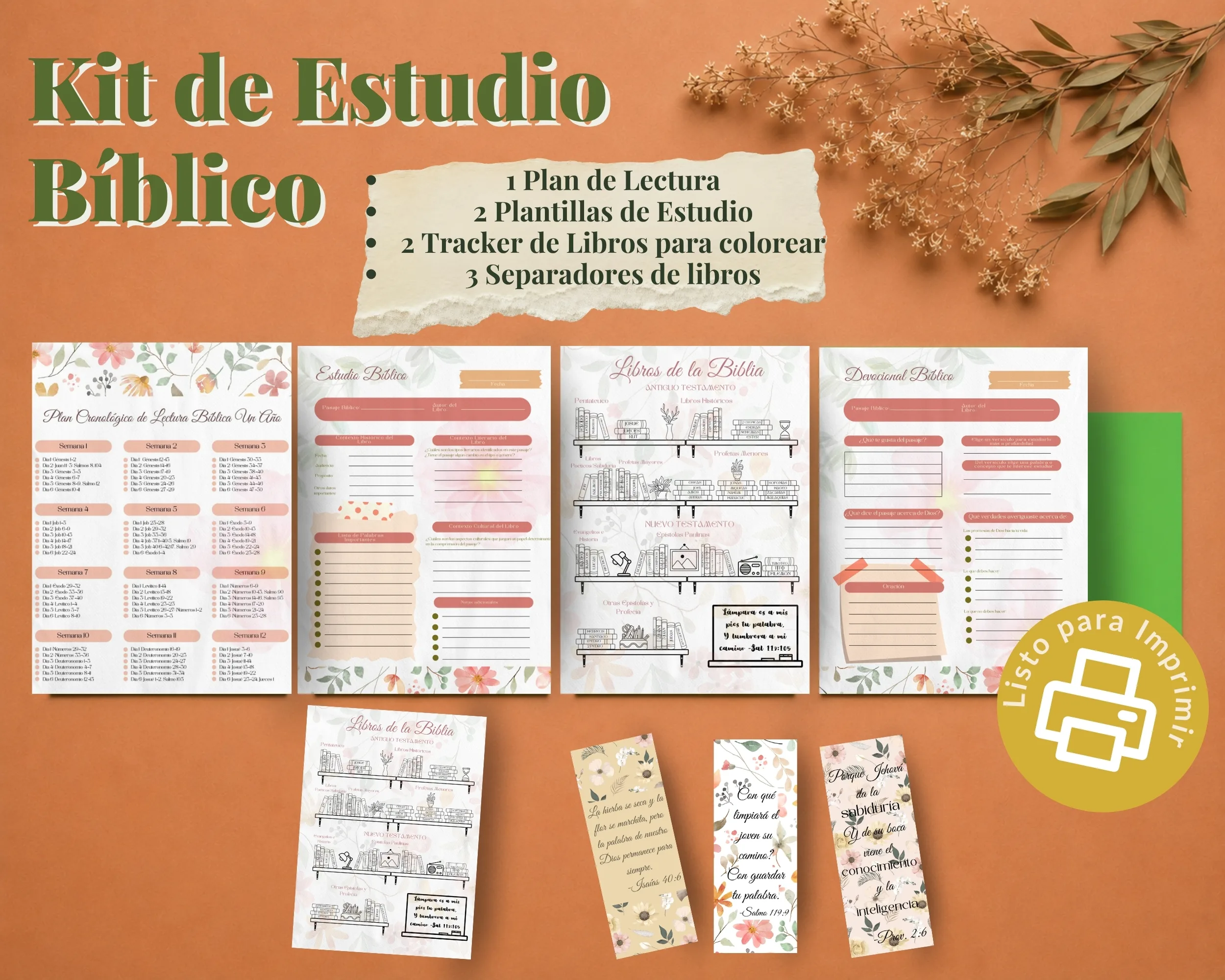 Mockup de Kit de Estudio Bíblico en PDF con plan de lectura, plantillas inductivas, tracker para colorear y separadores florales.