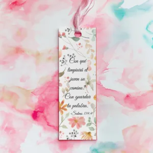 Marcapáginas floral imprimible con texto bíblico del Salmo 119:9 y listón rosa, sobre fondo de acuarela en tonos rosa, turquesa y dorado.