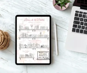 Tableta digital mostrando el rastreador de libros de la Biblia en PDF junto a un lápiz óptico y una laptop sobre escritorio de madera clara.