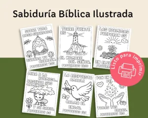 Muestra de 6 páginas para colorear con versículos de Proverbios, un faro, una hormiga y una paloma. PDF listo para imprimir en homeschool.