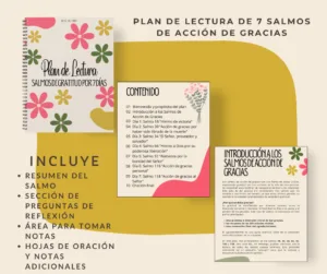 Vista interior de diario de Salmos en PDF con índice, resumen del salmo, preguntas de reflexión, espacio para notas y hojas de oración en español