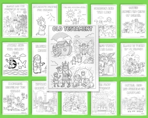 Old Testament Bible story coloring pages display showing Noah's Ark and David for printable Christian homeschool activities.
