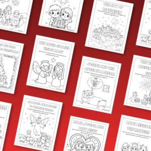 Muestra de varias páginas para colorear de la historia del nacimiento de Jesús con versículos bíblicos sobre fondo rojo.