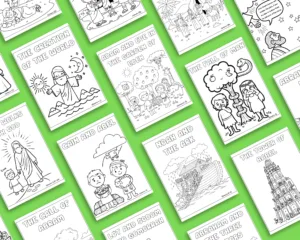 Genesis Bible story coloring pages with Creation, Noah's Ark, and Abraham for printable Christian homeschool activities.